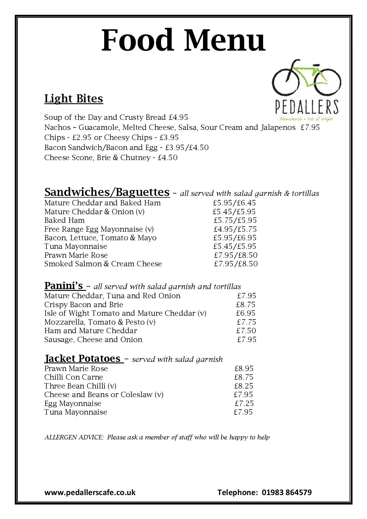 Menu Pedallers Cafe